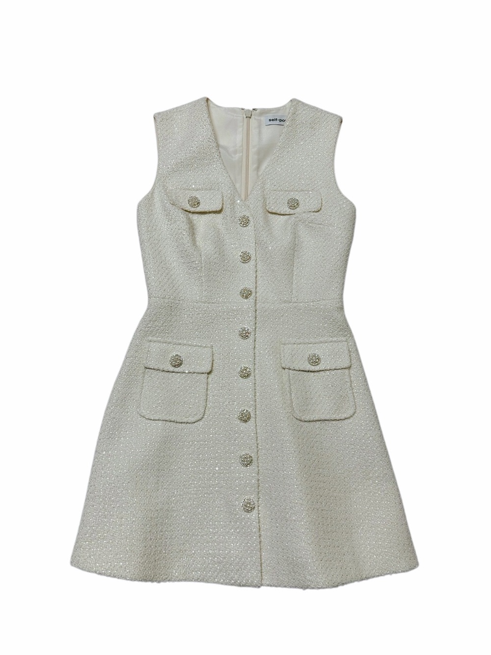 Self-Portrait Cream Textured Tweed Button-Front Mini Dress